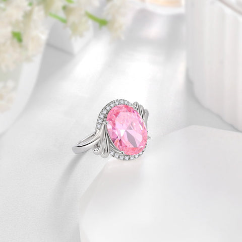 Women 8CT Oval Tourmaline Pink Ring 925 Sterling Silver Halo October Birthstone Ring Jewelry Mother Birthday Christmas Valentine's Day Gift for Her - Aurora Tears