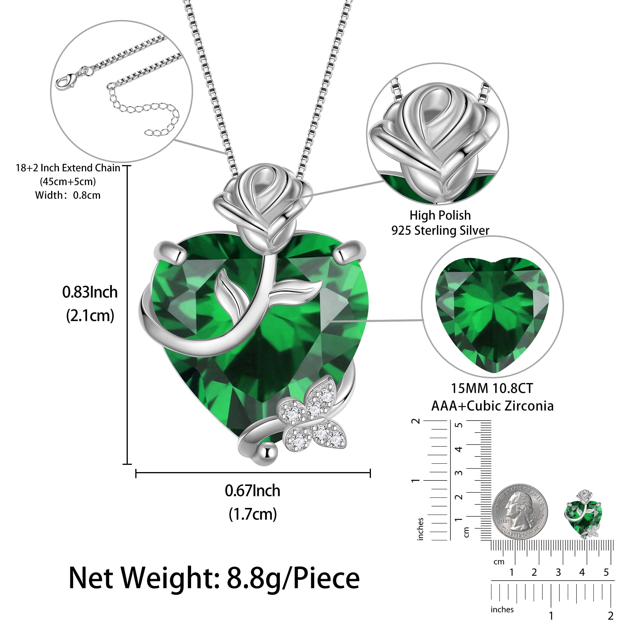 15MM Women Rose Heart Necklace May Birthstone 925 Sterling Silver Flower Butterfly Pendant Green Emerald Jewelry Xmas Birthday Mother's Day Gift - Aurora Tears