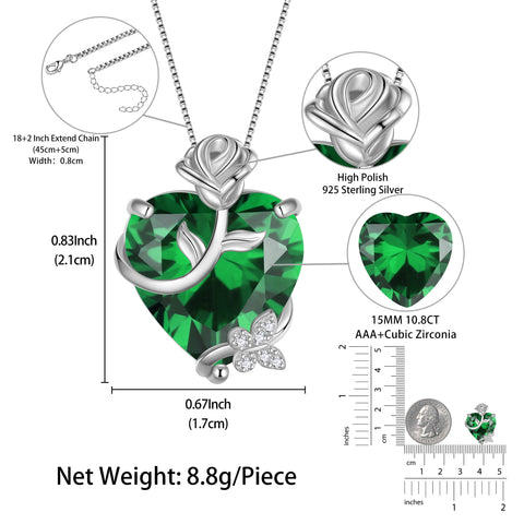 15MM Women Rose Heart Necklace May Birthstone 925 Sterling Silver Flower Butterfly Pendant Green Emerald Jewelry Xmas Birthday Mother's Day Gift - Aurora Tears