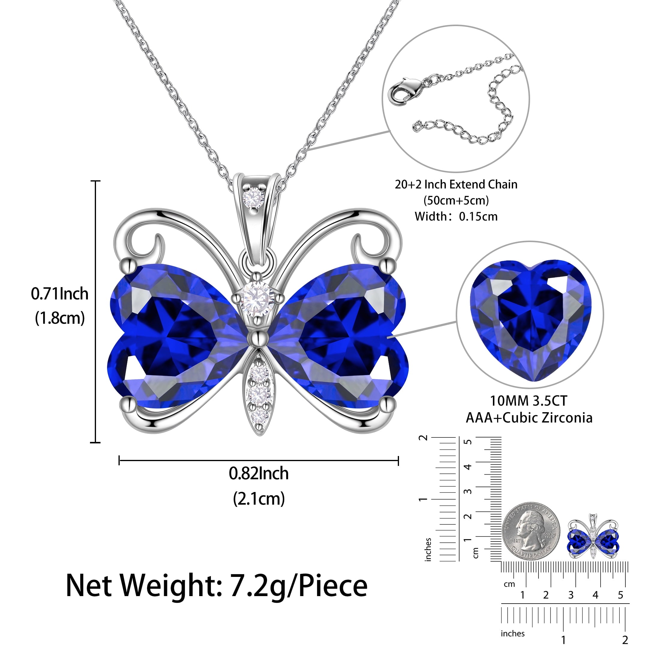 Women Blue Butterfly Necklace Heart September Birthstone Necklace Sapphire CZ Silver Plated Pendant Jewelry Birthday Mother's Day Gift for Her - Aurora Tears