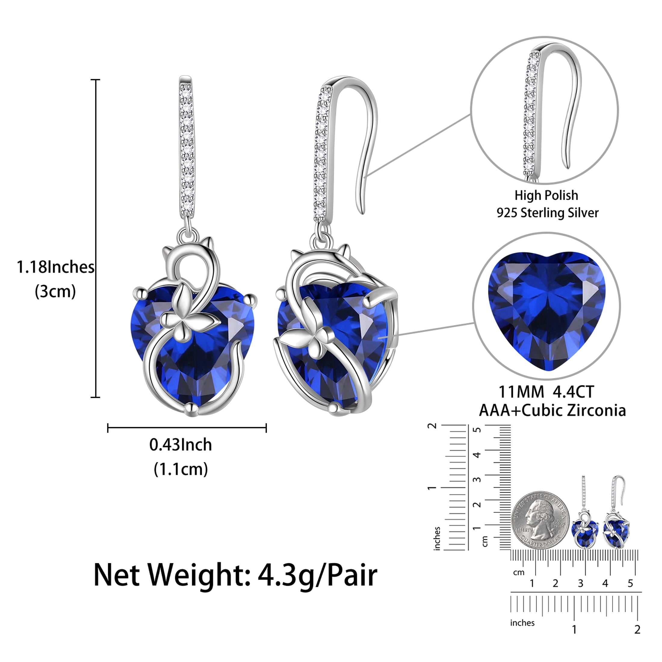 Cat Butterfly Earrings for Women 925 Sterling Silver Earrings Dangle Drop Hook Blue Heart Sapphire September Birthstone Jewelry Christmas Birthday Valentines Mother's Day Gift for Mom Wife - Aurora Tears