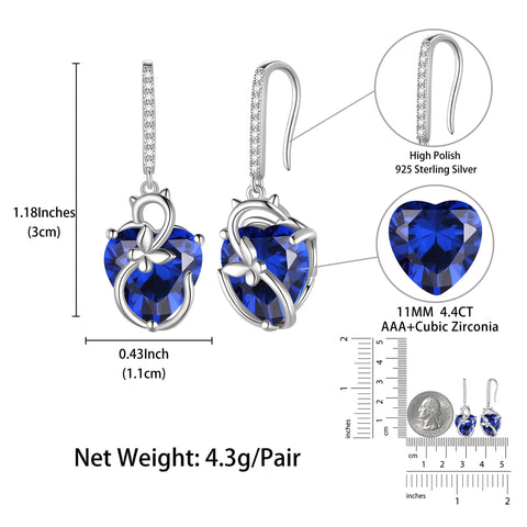 Cat Butterfly Earrings for Women 925 Sterling Silver Earrings Dangle Drop Hook Blue Heart Sapphire September Birthstone Jewelry Christmas Birthday Valentines Mother's Day Gift for Mom Wife - Aurora Tears