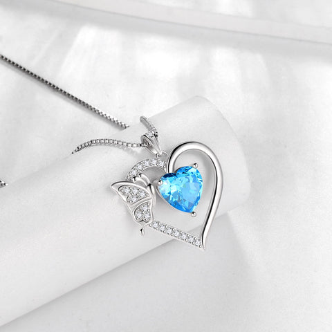 Women Blue Heart Necklace Butterfly March Birthstone Necklace Aquamarine 925 Sterling Silver Pendant Jewelry Christmas Birthday Mother's Day Gift - Aurora Tears