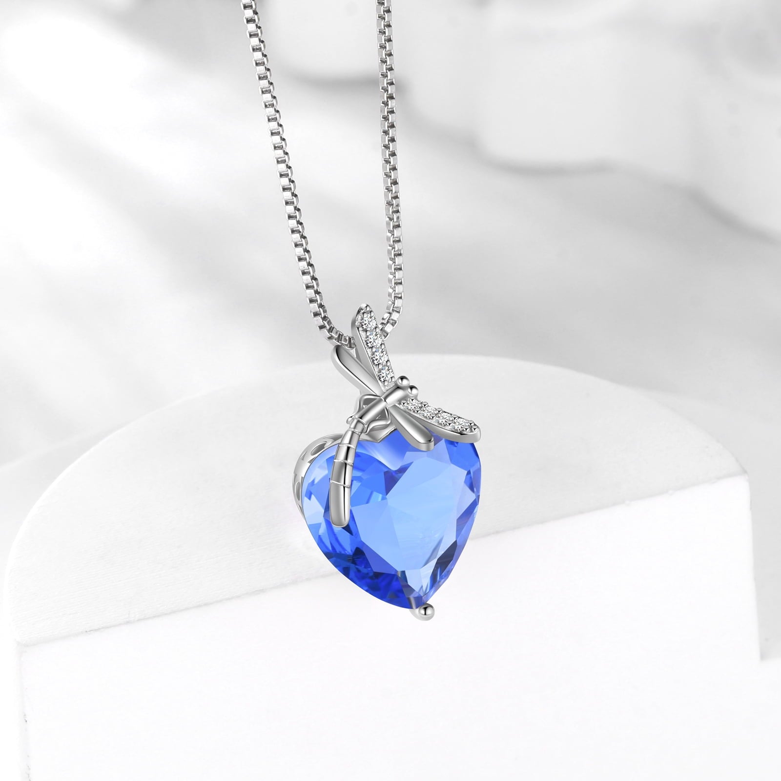 Dragonfly Necklace Blue Heart December Birthstone Necklace Tanzanite 925 Sterling Silver Pendant Jewelry Women Birthday Christmas Mother's Day Gift - Aurora Tears