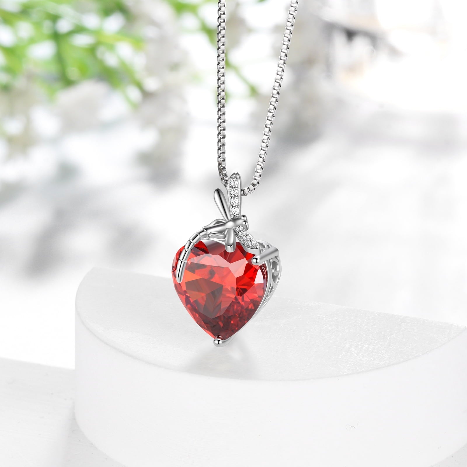 Dragonfly Necklace Heart January Birthstone Necklace Garnet CZ 925 Sterling Silver Pendant Red Jewelry Women Birthday Christmas Mother's Day Gifts - Aurora Tears