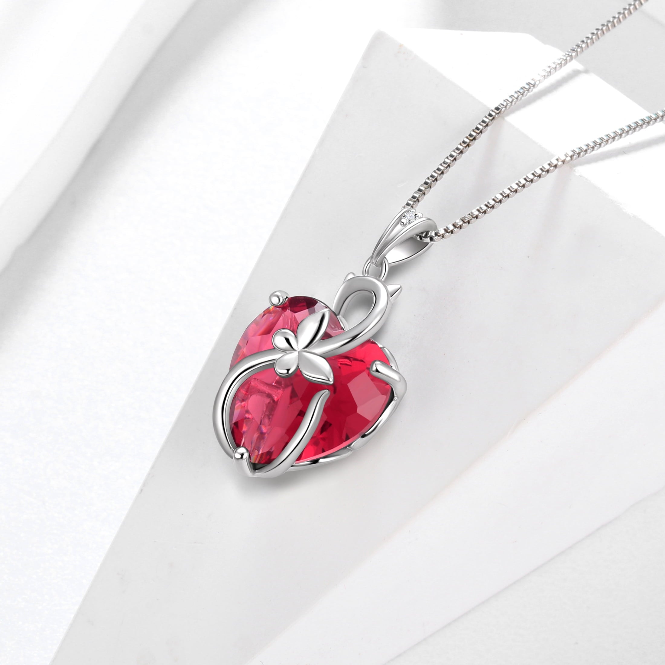15MM Women Cat Necklace Heart July Birthstone 925 Sterling Silver Pendant Red Ruby Butterfly Jewelry Mother Birthday Valentine's Day Gift - Aurora Tears
