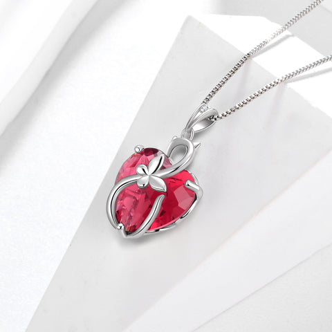 15MM Women Cat Necklace Heart July Birthstone 925 Sterling Silver Pendant Red Ruby Butterfly Jewelry Mother Birthday Valentine's Day Gift - Aurora Tears