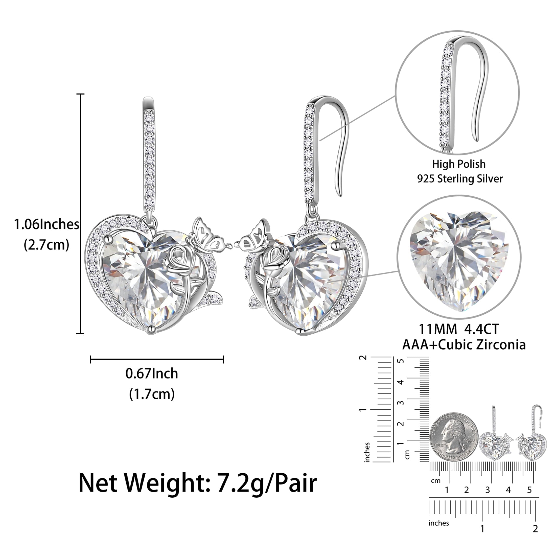 Women April Birthstone Drop Earrings Heart Diamond CZ Wedding Bridal Jewelry Butterfly Rose Flower 925 Sterling Silver Hook Mother Birthday Gift - Aurora Tears