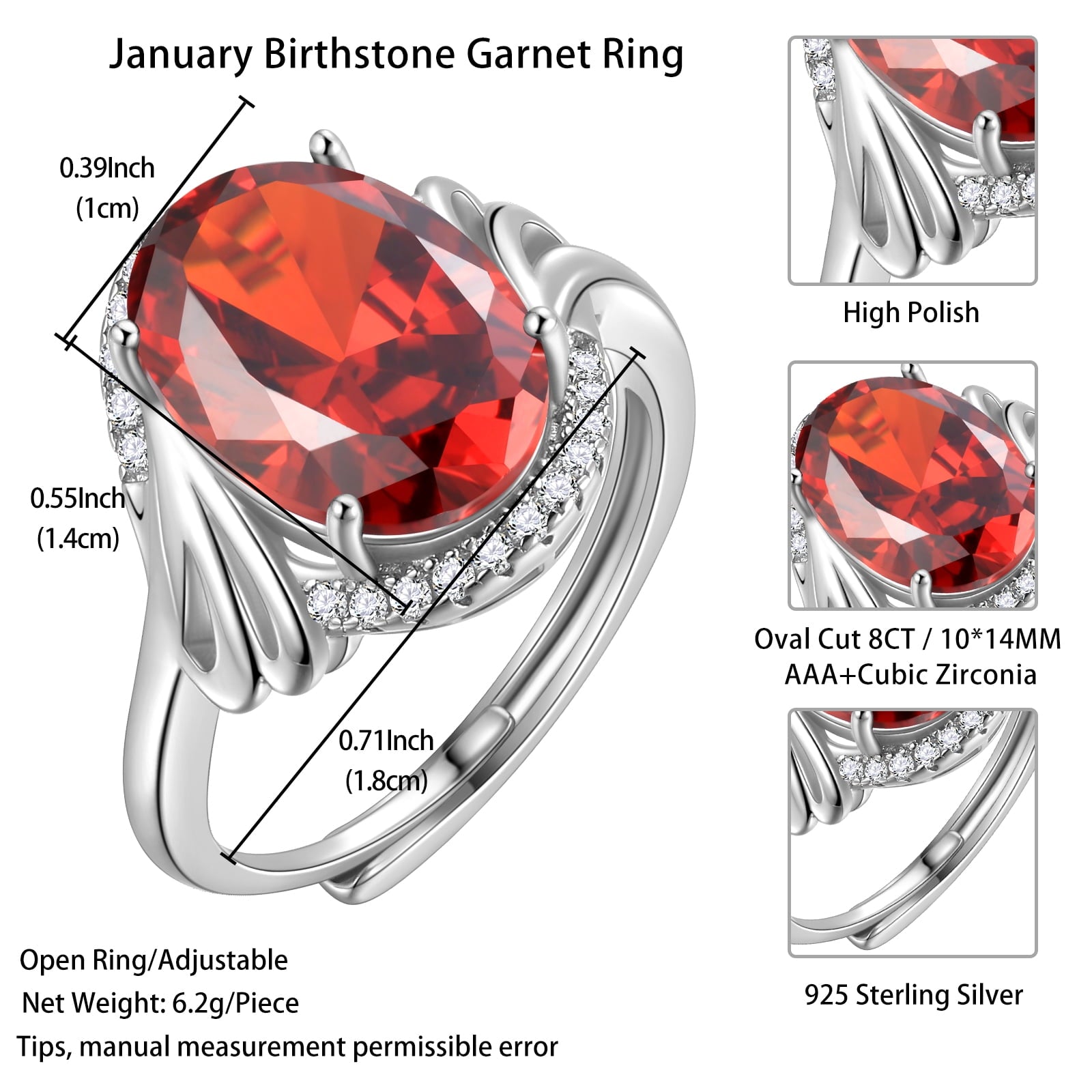Women 8Ct Halo Oval Ring 925 Sterling Silver January Birthstone Garnet Red Band Ring Jewelry Mother Grandma Birthday Valentine Gift for Her - Aurora Tears