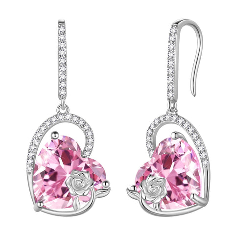 Boucles d'oreilles pendantes en argent sterling pour femmes, motif cœur, pierre de naissance, cristal, rose, bijoux pour filles, cadeau d'anniversaire, de Saint-Valentin et de Noël