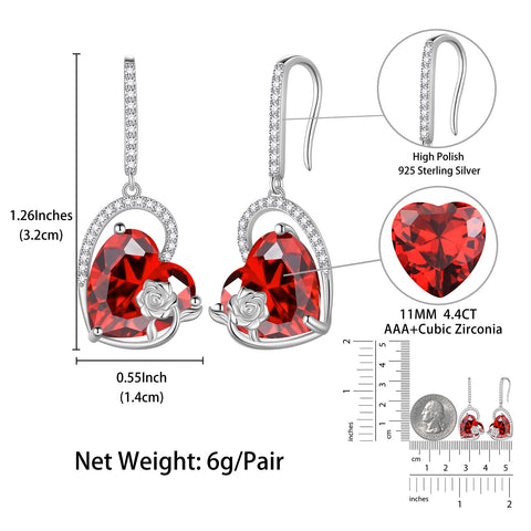 925 Sterling Silver Earrings Women Heart January Birthstone Hook Dangle Earring Garnet Red Flower Jewelry Birthday Valentine's Day Gifts - Aurora Tears
