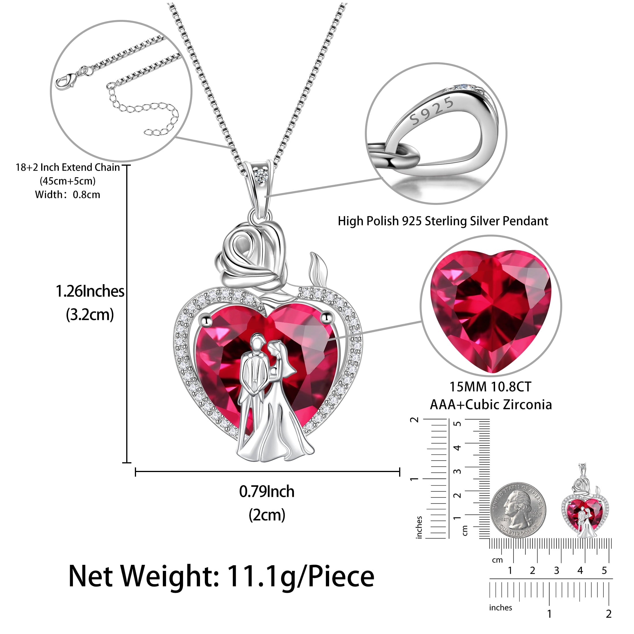 Couple Necklace for Women 925 Sterling Silver 15MM Heart July Birthstone Rose Pendant Wedding Engagement Jewelry Valentines Day Gift for Her Wife/Girlfriend/Bride - Aurora Tears