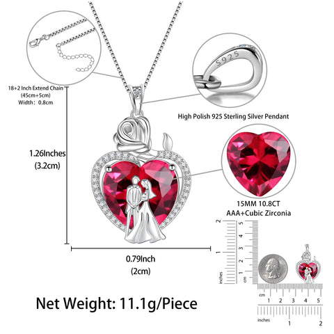 Couple Necklace for Women 925 Sterling Silver 15MM Heart July Birthstone Rose Pendant Wedding Engagement Jewelry Valentines Day Gift for Her Wife/Girlfriend/Bride - Aurora Tears