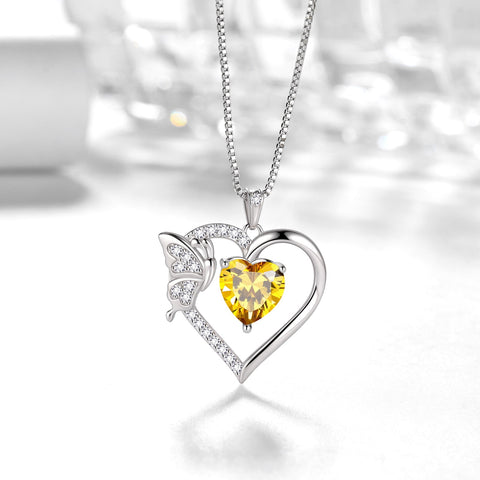 Women Yellow Heart Necklace Butterfly November Birthstone Necklace Citrine CZ 925 Sterling Silver Pendant Jewelry Mother Wife Christmas Birthday Gift - Aurora Tears