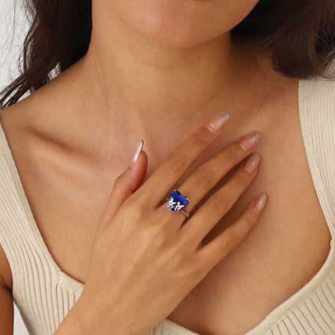 9Ct Women Heart Ring 925 Sterling Silver Butterfly September Birthstone Sapphire Blue Solitaire Ring Jewelry Birthday Mother's Day Gift - Aurora Tears