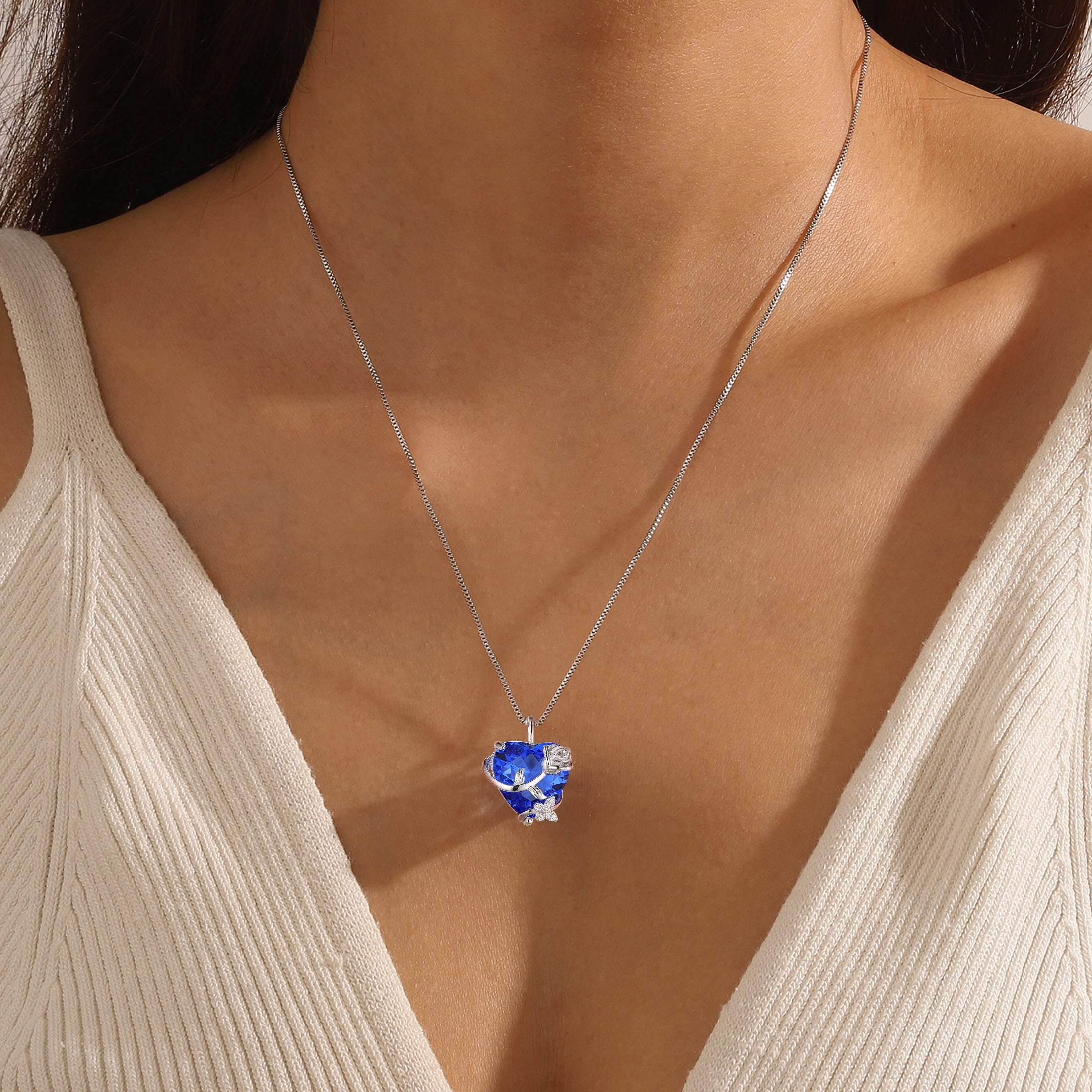 15MM Women Rose Heart Necklace December Birthstone 925 Sterling Silver Butterfly Flower Pendant Tanzanite Jewelry Christmas Valentines Mother's Day Gift - Aurora Tears