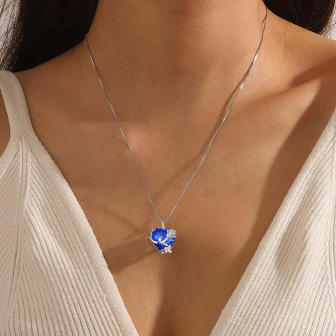 15MM Women Rose Heart Necklace December Birthstone 925 Sterling Silver Butterfly Flower Pendant Tanzanite Jewelry Christmas Valentines Mother's Day Gift - Aurora Tears