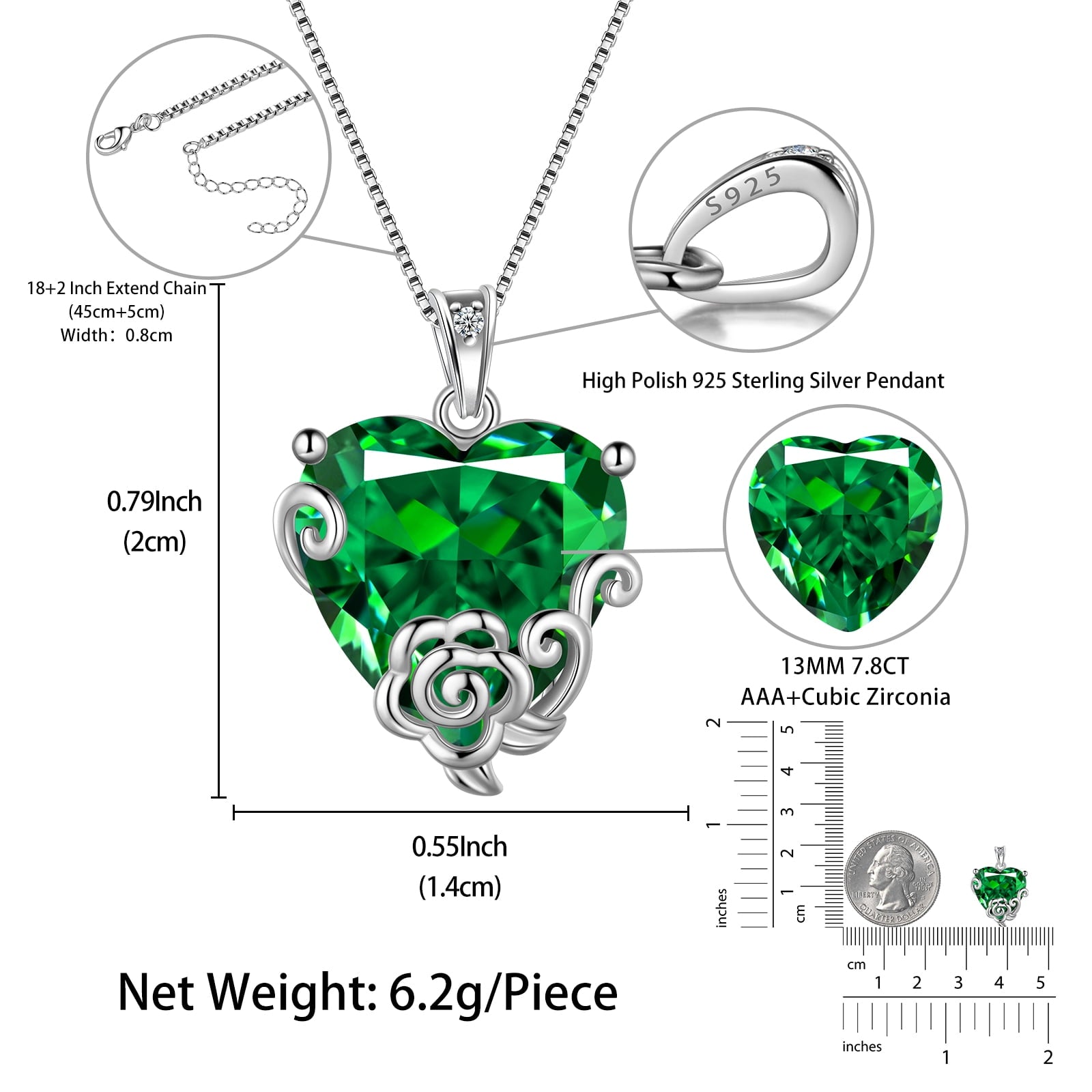 Women Heart Necklace May Birthstone Emerald Jewelry 925 Sterling Silver Green Rose Flower Pendant Mom Grandma Birthday Mother's Day Gift - Aurora Tears