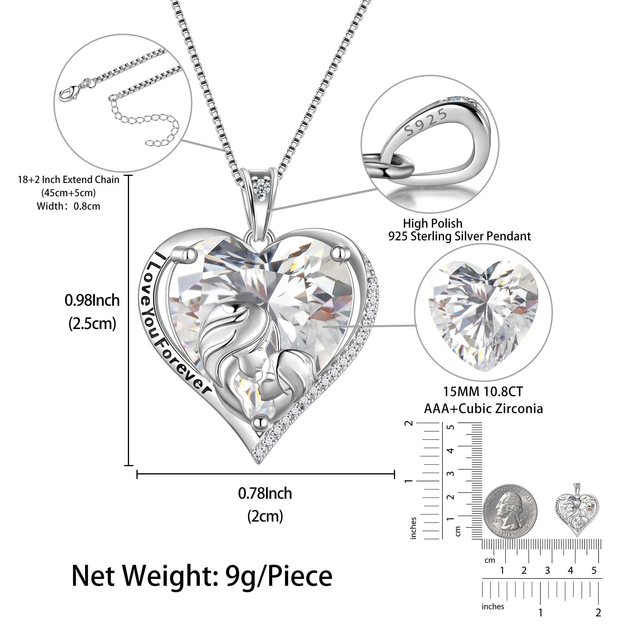 Women Heart Necklace for Mother Daughter 925 Sterling Silver Crystal Diamond Birthstone Pendant Jewelry April Birthday Christmas Mother's Day Gift - Aurora Tears