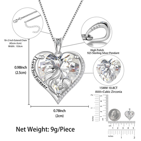 Women Heart Necklace for Mother Daughter 925 Sterling Silver Crystal Diamond Birthstone Pendant Jewelry April Birthday Christmas Mother's Day Gift - Aurora Tears