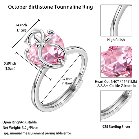 Women Heart Ring 925 Sterling Silver Cat Butterfly October Birthstone Tourmaline Pink Solitaire Ring Jewelry Mother Birthday Valentine's Day Gifts - Aurora Tears