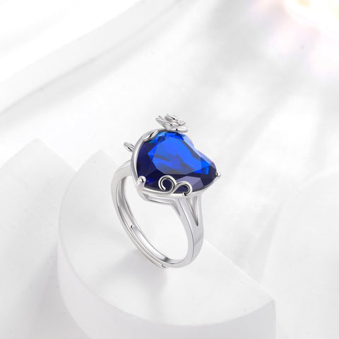 9Ct Women Heart Ring 925 Sterling Silver Rose Flower September Birthstone Sapphire Blue Solitaire Ring Jewelry Birthday Mother's Day Gift - Aurora Tears