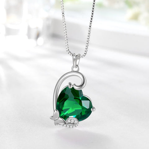May Birthstone Heart Necklace Butterfly Pendant Green Emerald Sterling Silver Jewelry Women Birthday Christmas Mother's Day Gifts for Mom Grandma - Aurora Tears