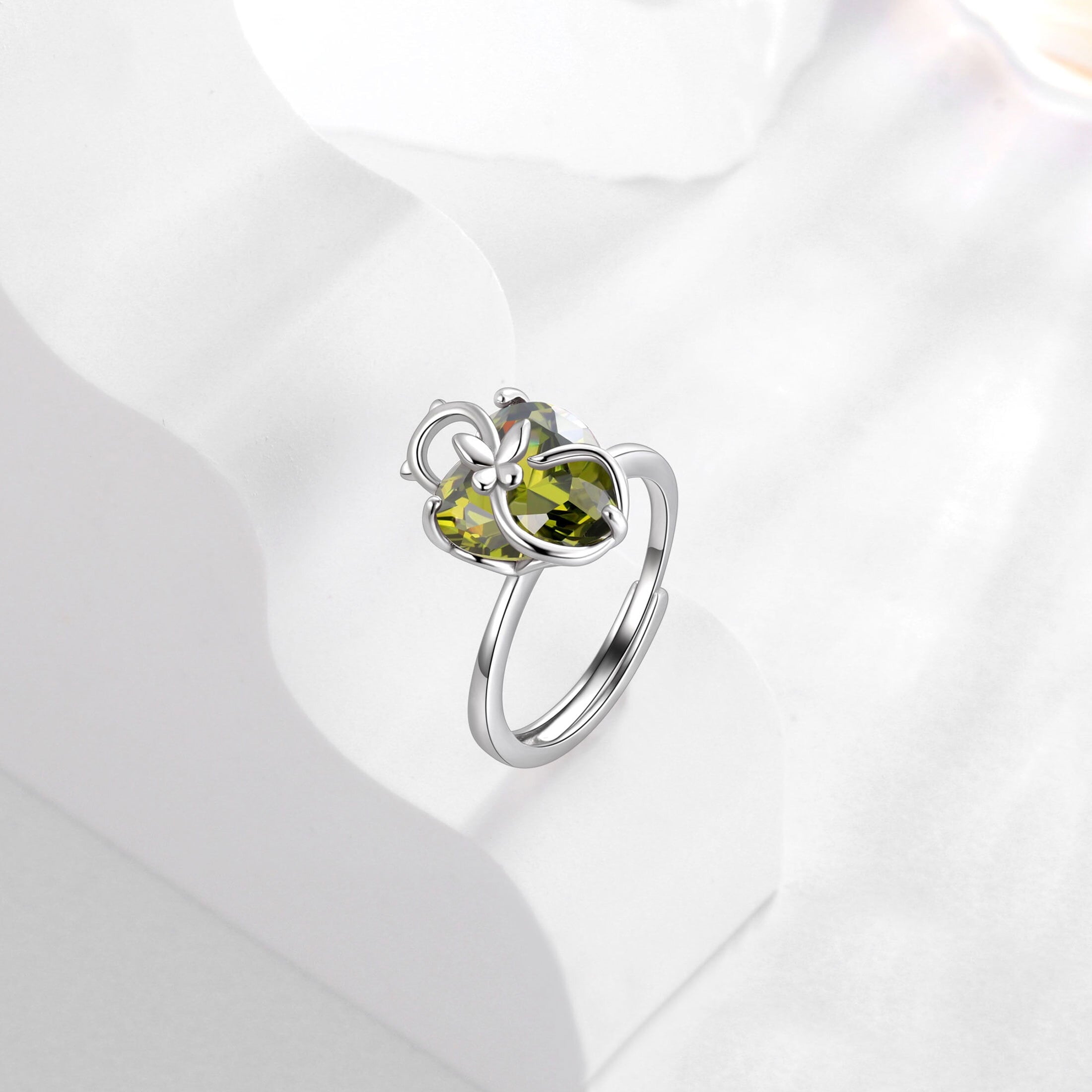 Women Heart Ring 925 Sterling Silver Cat Butterfly August Birthstone Peridot Solitaire Ring Jewelry Mom Christmas Birthday Gift - Aurora Tears