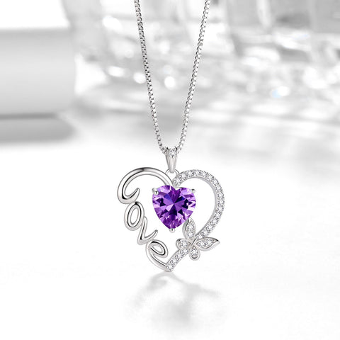 Women Purple Love Heart Necklace Butterfly February Birthstone Necklace Amethyst 925 Sterling Silver Pendant Jewelry Mom Birthday Valentine's Day Gift - Aurora Tears