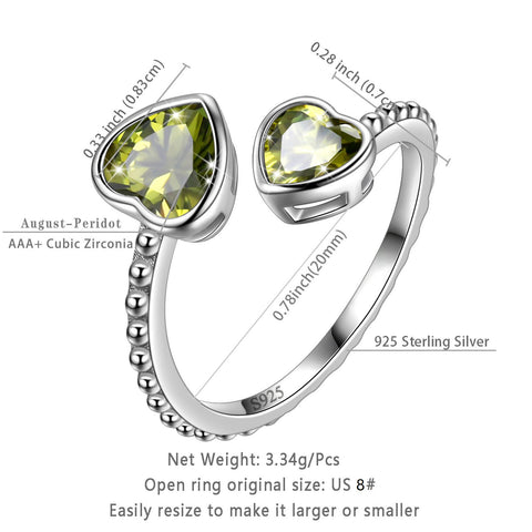 Anillo con piedra natal de corazones y amor doble para mujer, regalo de cumpleaños para niñas, Plata de ley 925