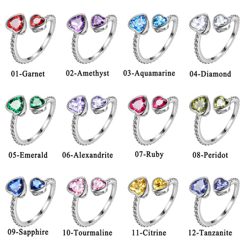 Anillo con piedra natal de corazones y amor doble para mujer, regalo de cumpleaños para niñas, Plata de ley 925