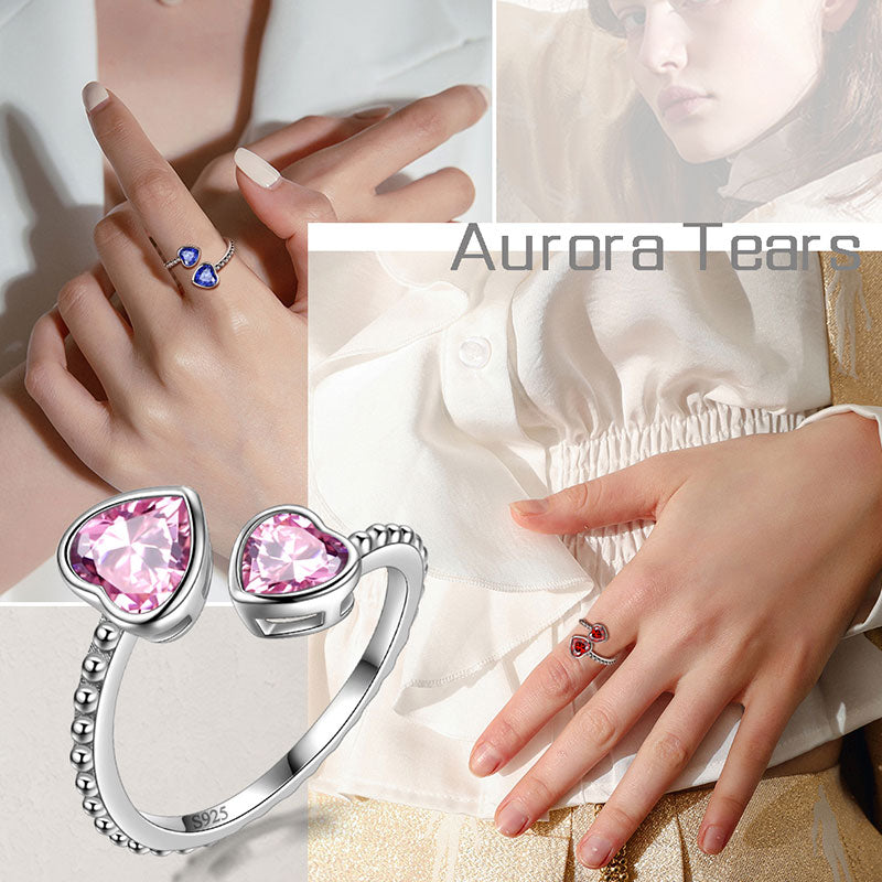 Double Love Hearts Birthstone Ring Open 925 Sterling Silver - Rings - Aurora Tears