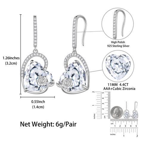 925 Sterling Silver Earrings Women Heart April Birthstone Hook Dangle Earrings Diamond Rose Flower Wedding Bridal Jewelry Mom Valentine's Day Gift - Aurora Tears