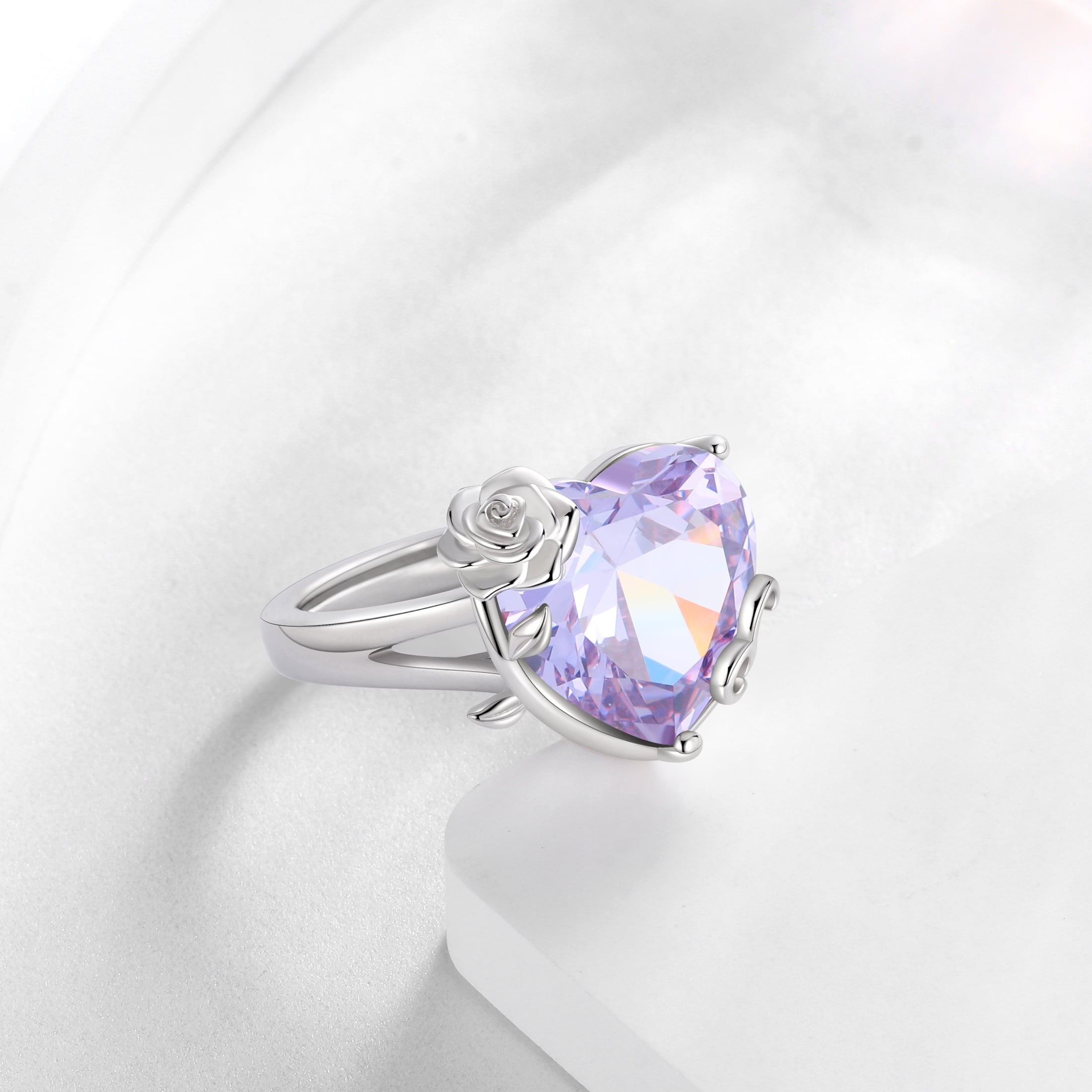 9Ct Women Heart Ring 925 Sterling Silver Rose Flower June Birthstone Alexandrite Solitaire Ring Jewelry Birthday Gift for Mother - Aurora Tears