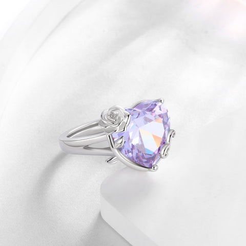 9Ct Women Heart Ring 925 Sterling Silver Rose Flower June Birthstone Alexandrite Solitaire Ring Jewelry Birthday Gift for Mother - Aurora Tears
