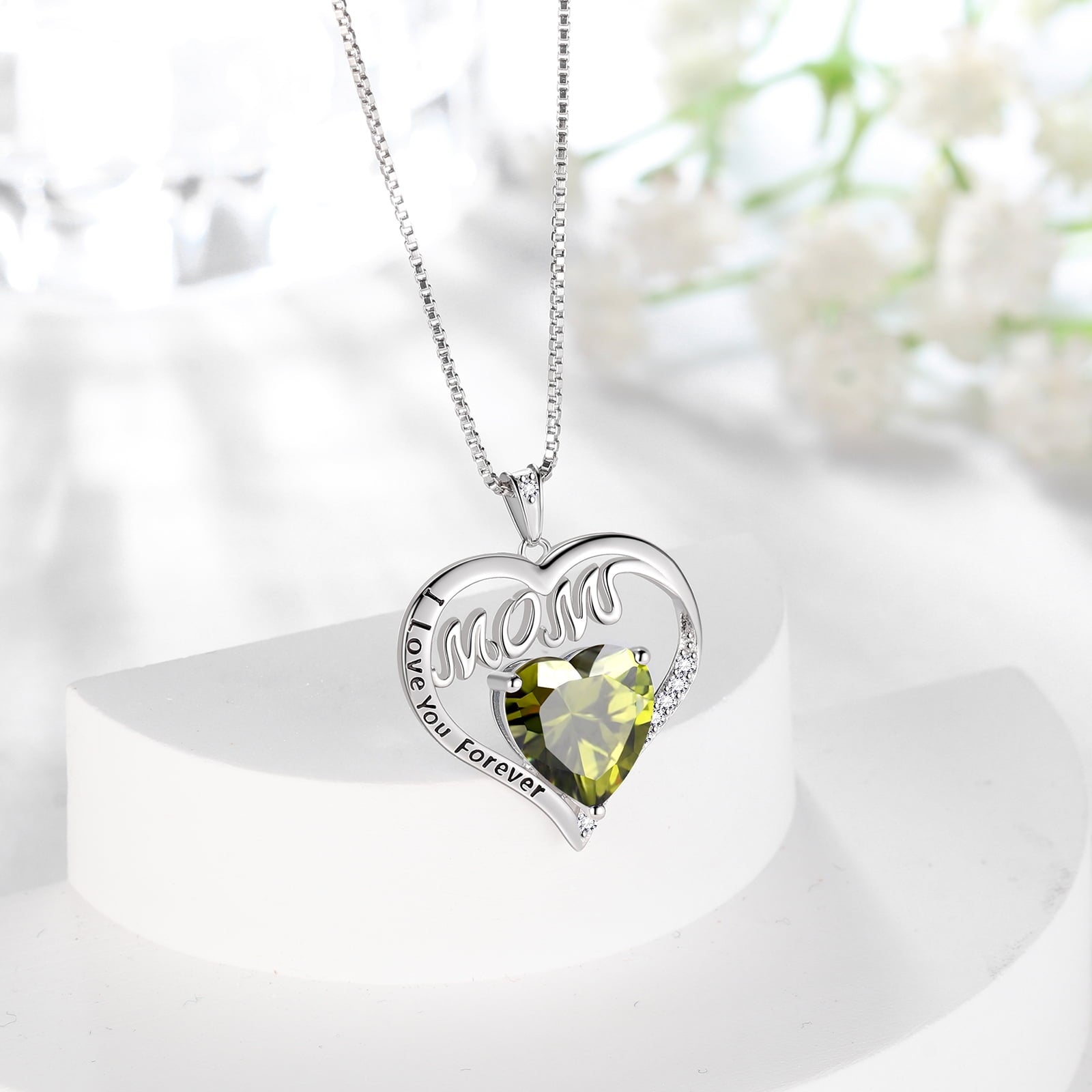 Women Mom Necklace Heart August Birthstone Necklace Peridot Green 925 Sterling Silver Pendant Jewelry Christmas Birthday Mother's Day Gifts for Grandma - Aurora Tears