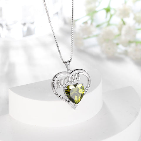 Women Mom Necklace Heart August Birthstone Necklace Peridot Green 925 Sterling Silver Pendant Jewelry Christmas Birthday Mother's Day Gifts for Grandma - Aurora Tears