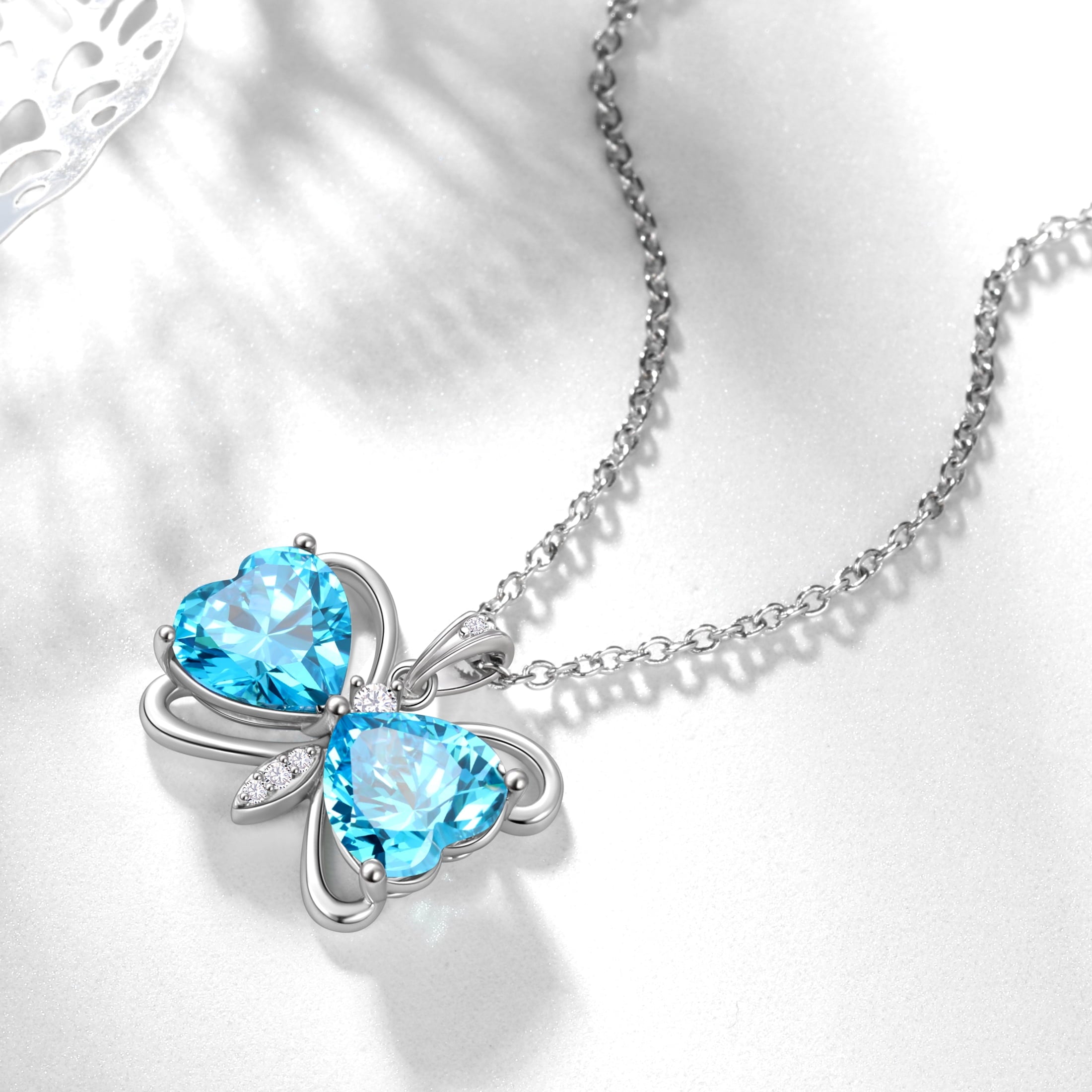 Women Blue Butterfly Necklace Heart March Birthstone Necklace Aquamarine Silver Plated Pendant Jewelry Christmas Birthday Mother's Day Gift - Aurora Tears