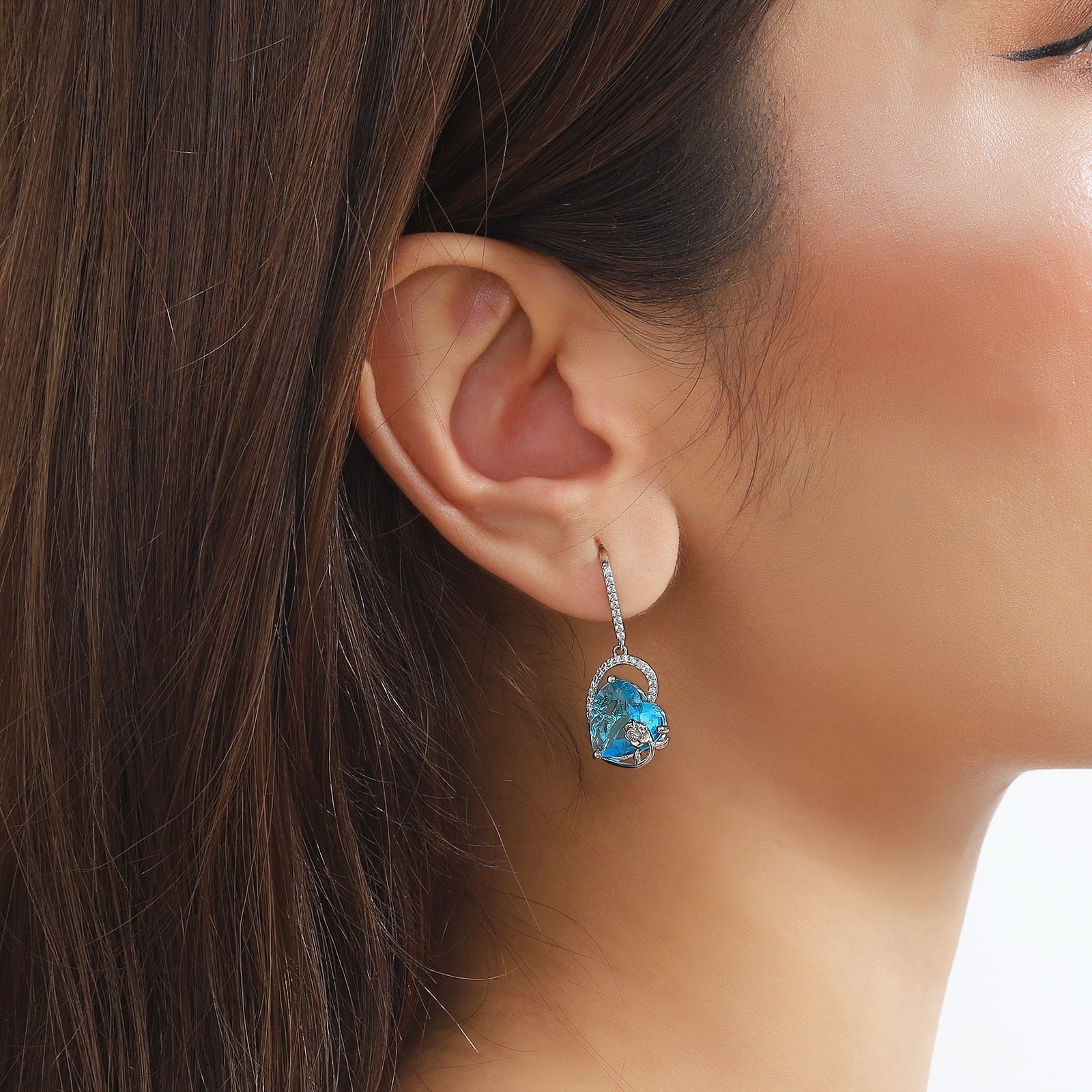 925 Sterling Silver Earrings Women Heart March Birthstone Hook Dangle Earring Aquamarine Blue Rose Flower Jewelry Mother Birthday Gift - Aurora Tears