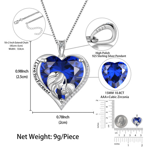Women Heart Necklace for Mom Daughter 925 Sterling Silver Blue Sapphire Birthstone Jewelry Charm September Birthday Christmas Mother's Day Gift for Her - Aurora Tears