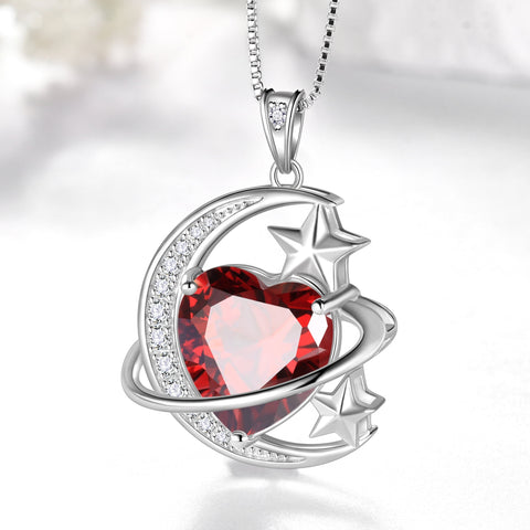 13MM Women Moon and Star Necklace Heart January Birthstone 925 Sterling Silver Pendant Planet Celestial Necklace Red Garnet Jewelry Birthday Valentine's Day Gift for Mother - Aurora Tears