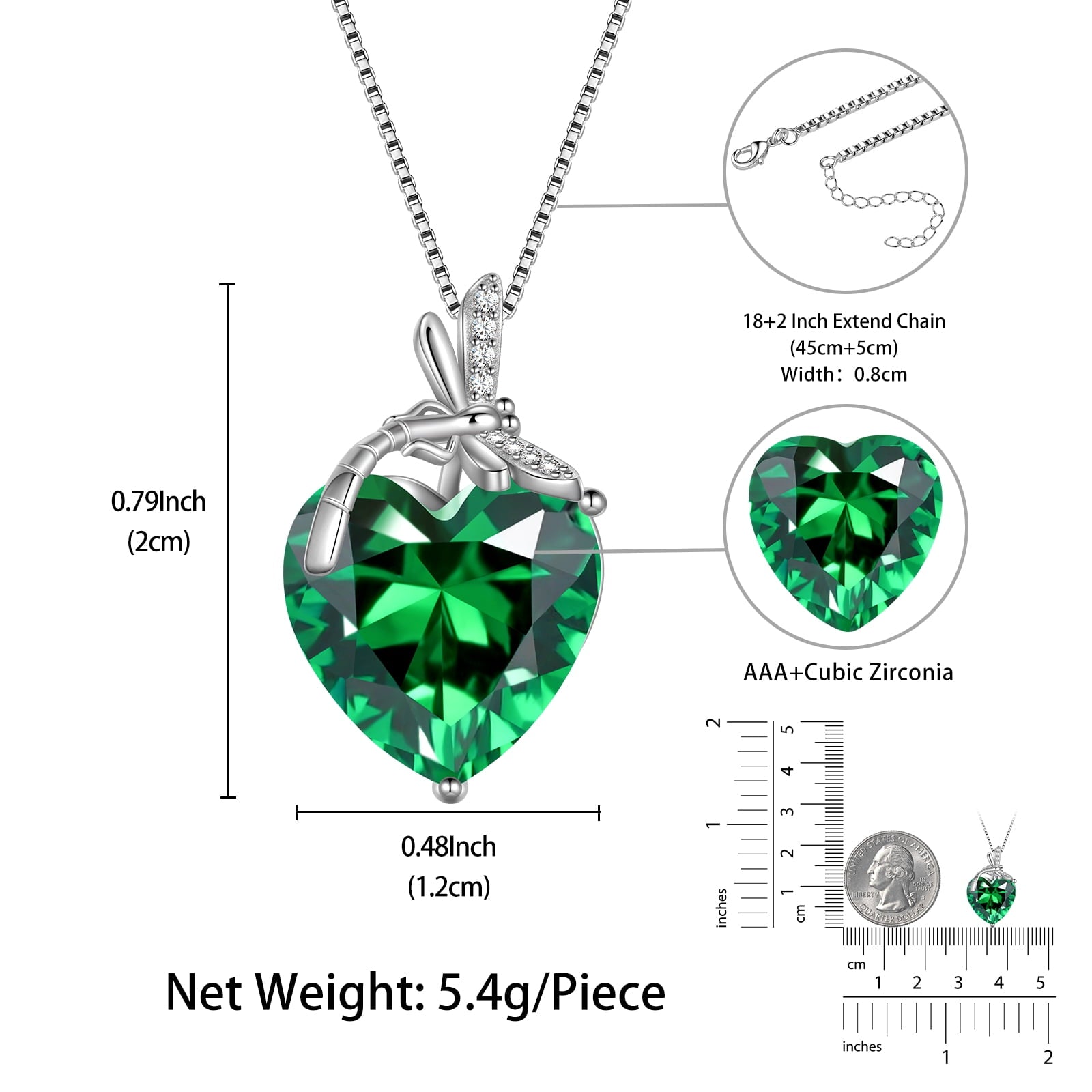 Dragonfly Necklace Heart May Birthstone Necklace Emerald CZ 925 Sterling Silver Pendant Green Jewelry Women Birthday Christmas Mother's Day Gifts - Aurora Tears