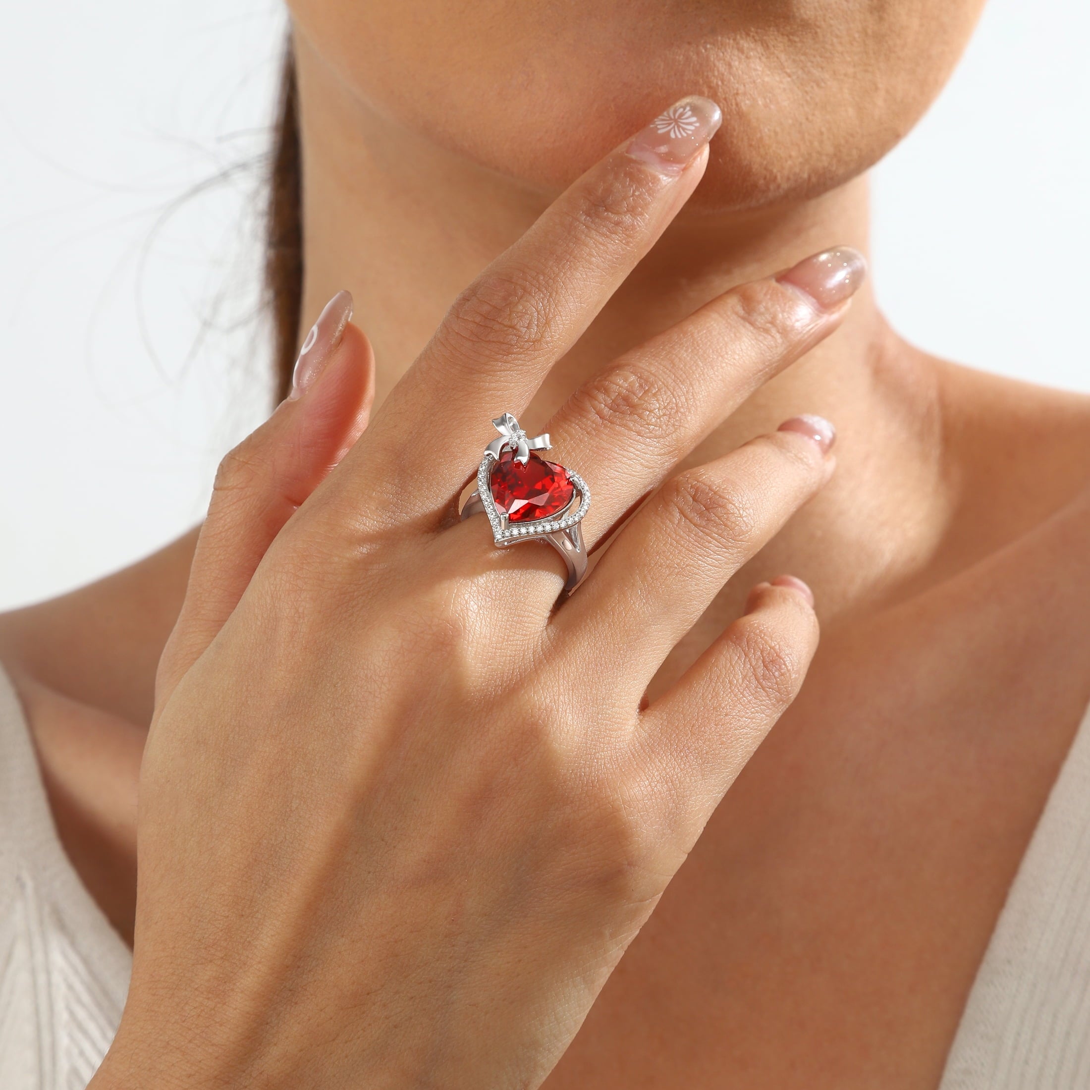 6Ct Heart Women Ring Bow Kont Ribbon 925 Sterling Silver January Birthstone Garnet Ring Red Solitaire Jewelry Mother Wife Birthday Valentine's Day Gift - Aurora Tears