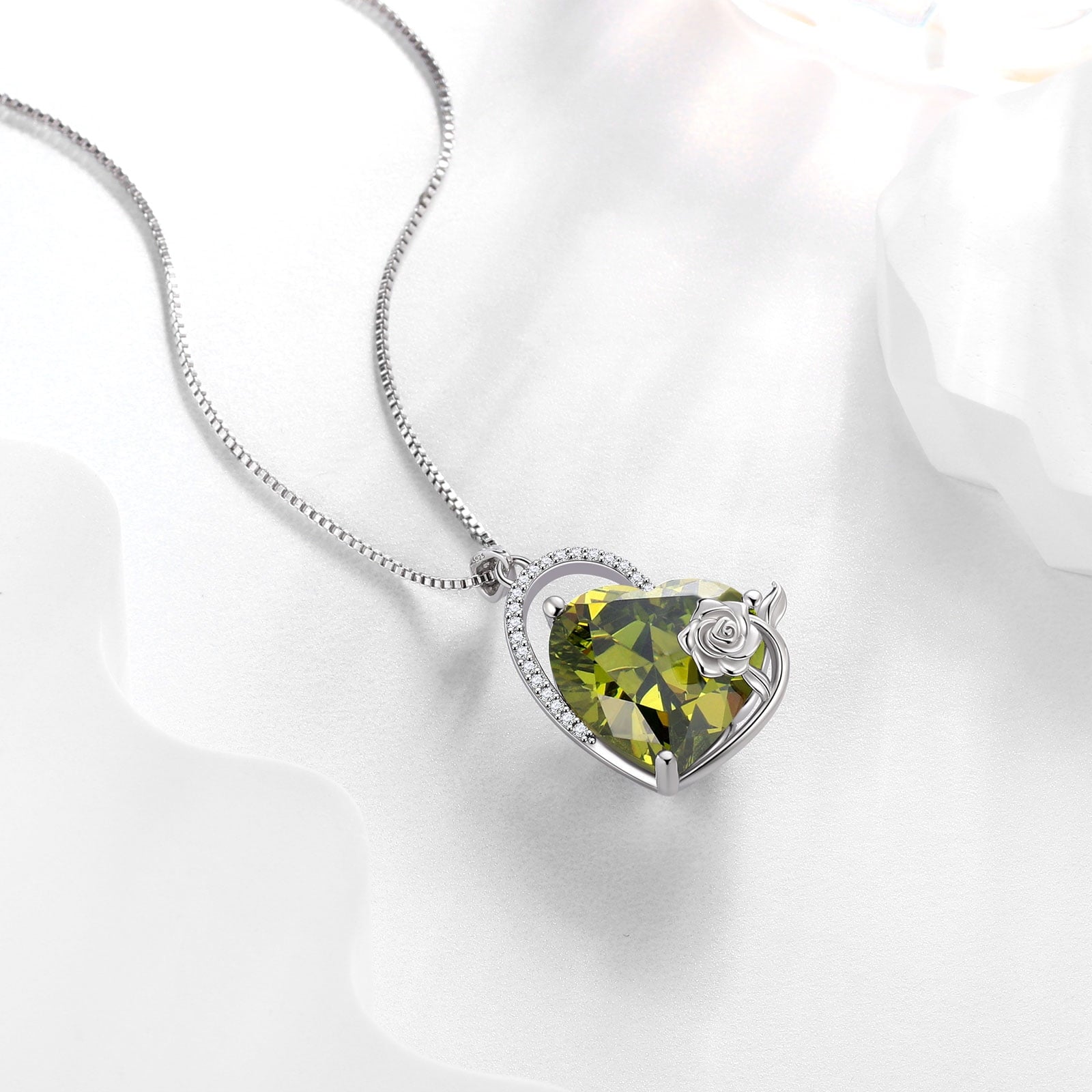 925 Sterling Silver 15MM Heart Necklace Women August Birthstone Peridot Green Jewelry Rose Flower Pendant Mother Christmas Birthday Gift - Aurora Tears