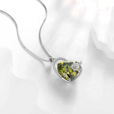925 Sterling Silver 15MM Heart Necklace Women August Birthstone Peridot Green Jewelry Rose Flower Pendant Mother Christmas Birthday Gift - Aurora Tears