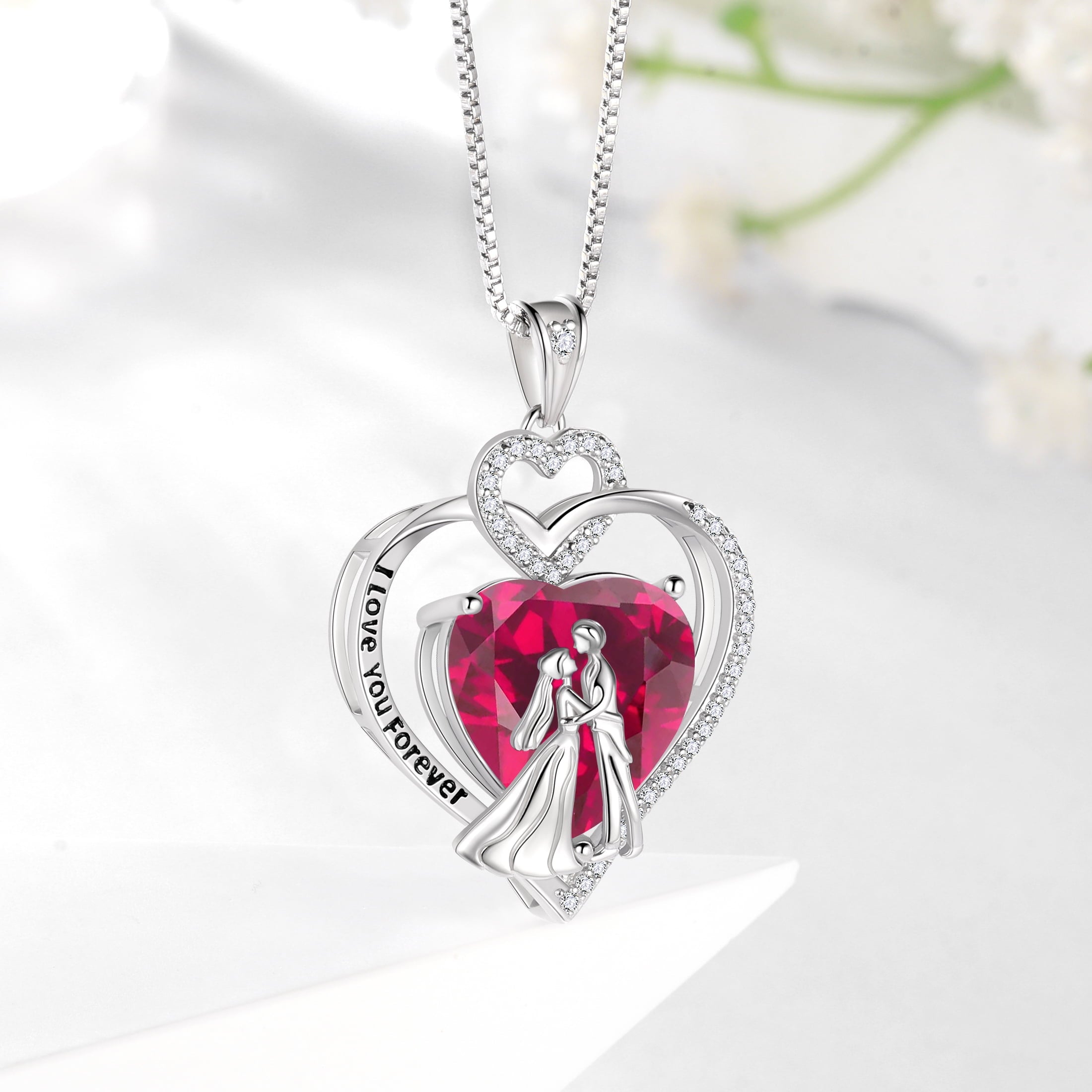 Couple Necklace for Women 925 Sterling Silver Heart July Birthstone Pendant Love You Wedding Engagement Jewelry Valentines Day Gift for Her Wife Girlfriend Bride - Aurora Tears