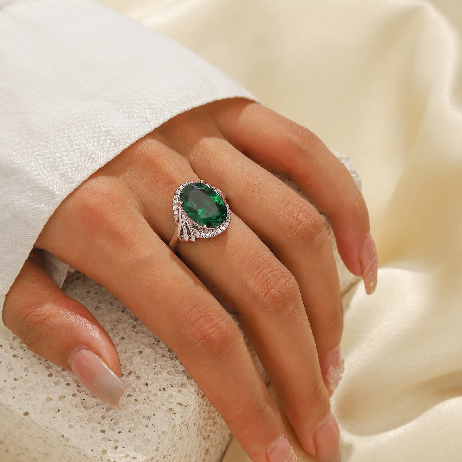 8Ct Women Emerald Ring 925 Sterling Silver Oval Halo Green May Birthstone Ring Band Jewelry Birthday Christmas Mom Grandma Mother's Day Gifts - Aurora Tears