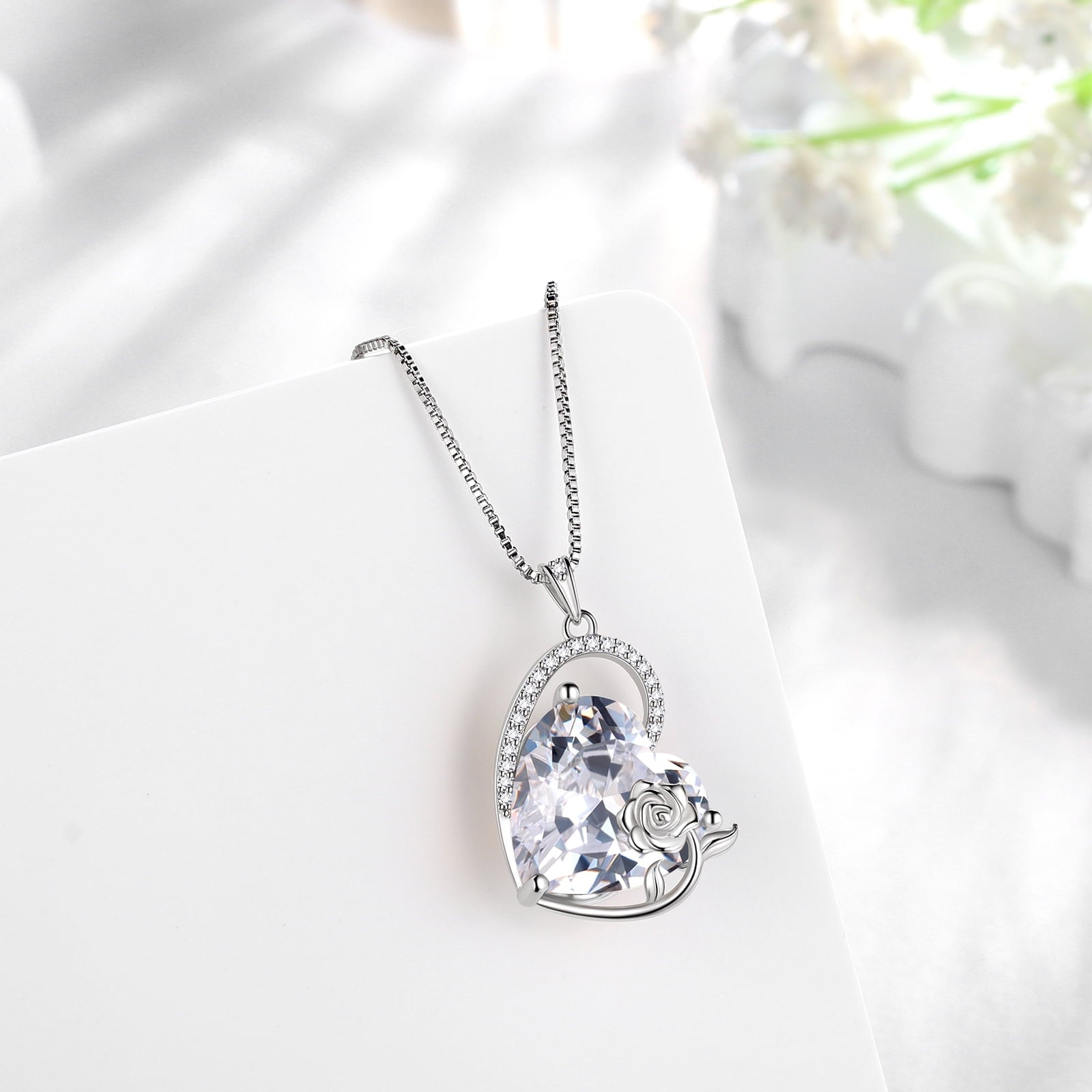 925 Sterling Silver 15MM Heart Necklace Women April Birthstone Diamond CZ Bridal Jewelry Rose Flower Pendant Mother Birthday Valentine's Day Gift - Aurora Tears