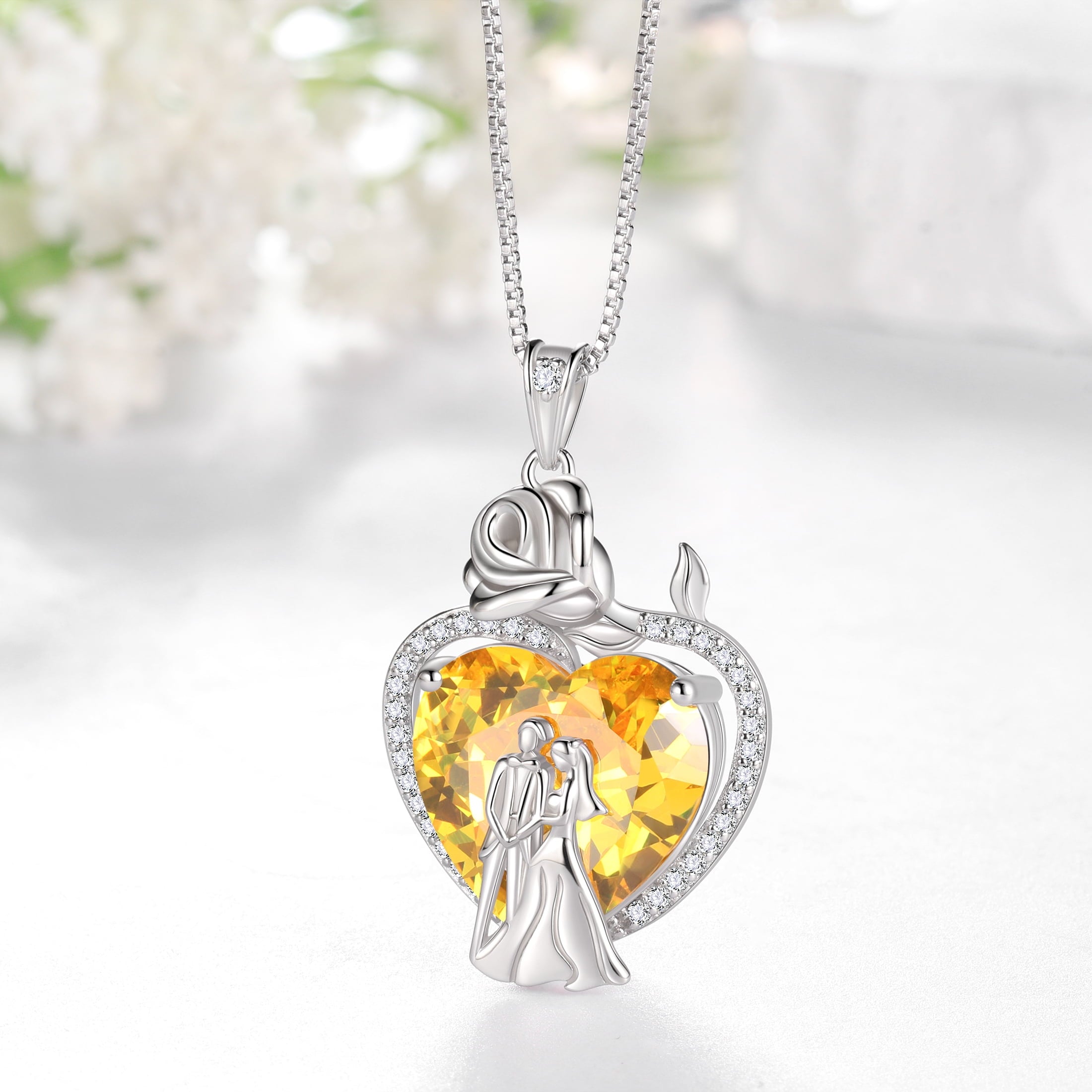 Couple Necklace for Women 925 Sterling Silver 15MM Heart November Birthstone Rose Flower Pendant Promise Engagement Jewelry Valentines Day Gift for Her Wife Bride - Aurora Tears