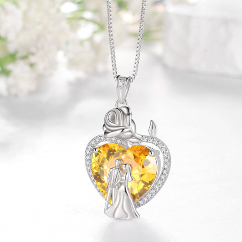 Couple Necklace for Women 925 Sterling Silver 15MM Heart November Birthstone Rose Flower Pendant Promise Engagement Jewelry Valentines Day Gift for Her Wife Bride - Aurora Tears
